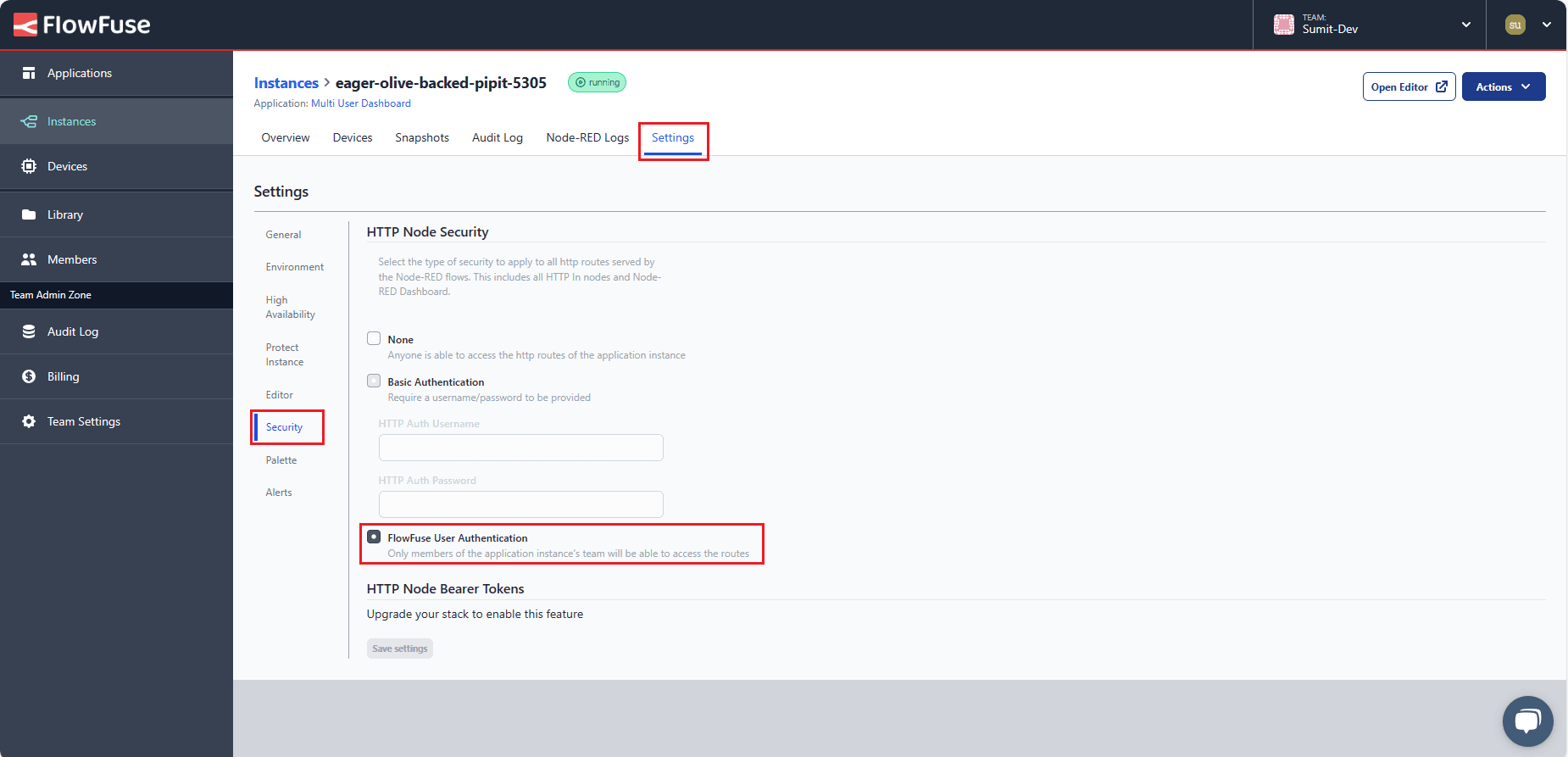 Screenshot displaying the configuration settings within the FlowFuse instance, enabling user authentication for enhanced security.
"Screenshot displaying the configuration settings within the FlowFuse instance, enabling user authentication for enhanced security.
"